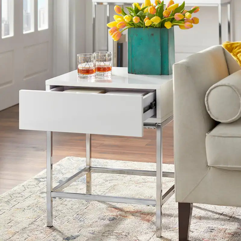 High-Gloss White End Table with Drawer and Chrome Frame