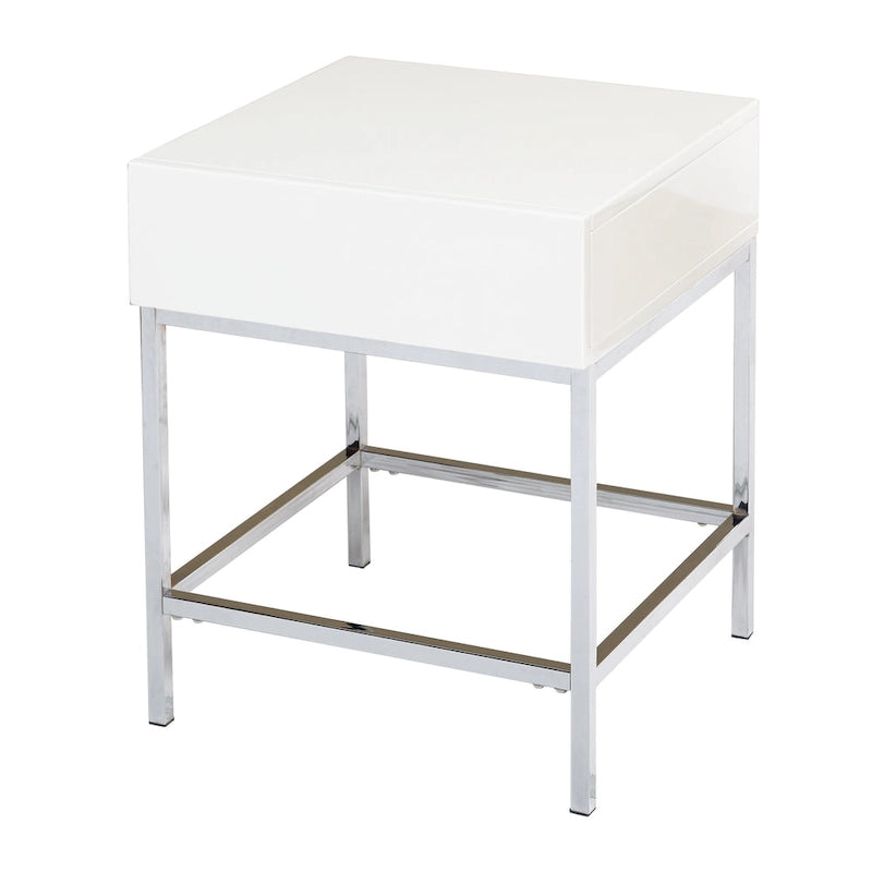 High-Gloss White End Table with Drawer and Chrome Frame