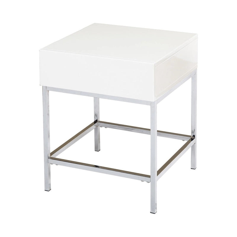 High-Gloss White End Table with Drawer and Chrome Frame