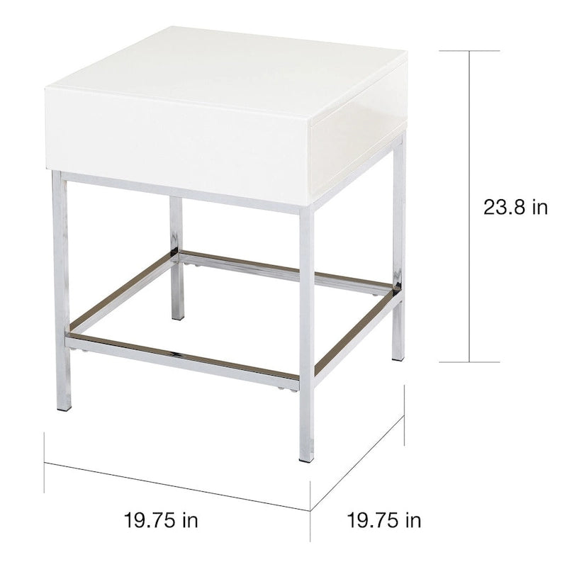 High-Gloss White End Table with Drawer and Chrome Frame