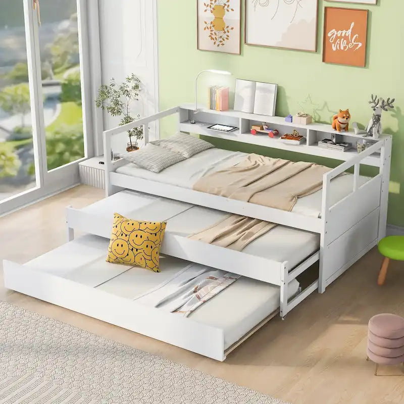 Twin XL Wood Daybed with 2 Pull-Out Trundles, Storage Cubbies and USB Charging Port