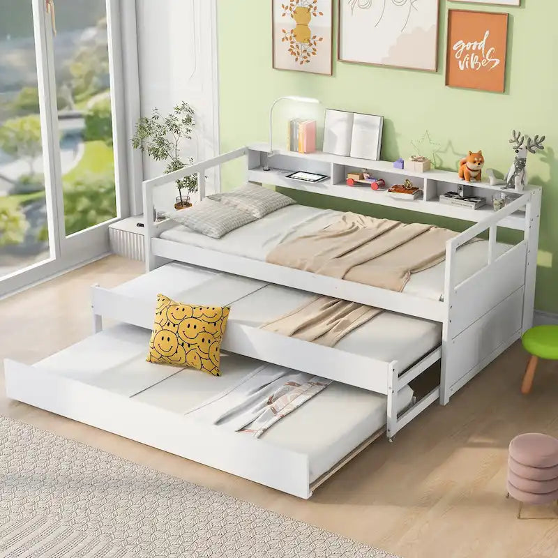 Twin XL Wood Daybed with 2 Pull-Out Trundles, Storage Cubbies and USB Charging Port