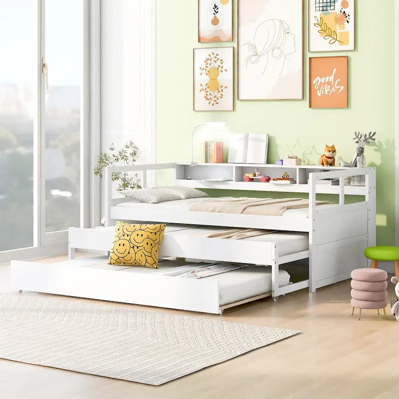 Twin XL Wood Daybed with 2 Pull-Out Trundles, Storage Cubbies and USB Charging Port