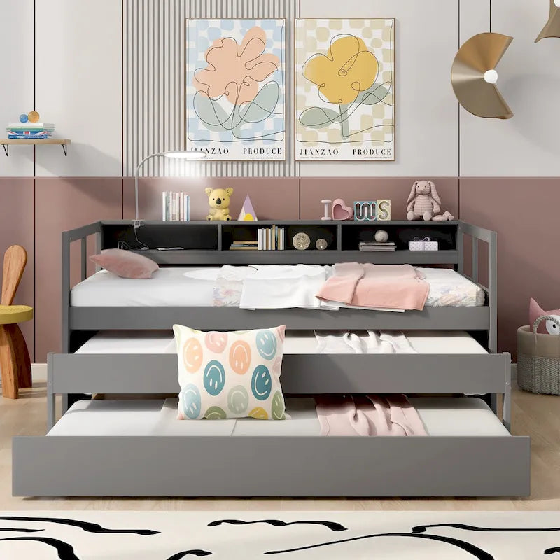 Twin XL Wood Daybed with 2 Pull-Out Trundles, Storage Cubbies and USB Charging Port