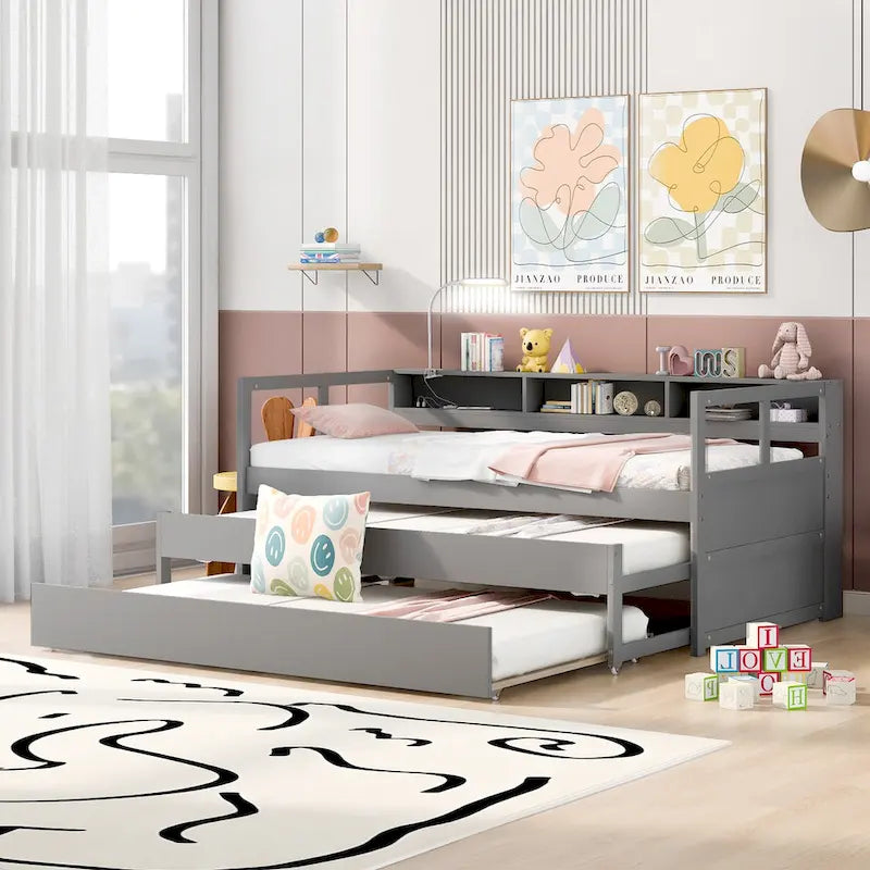 Twin XL Wood Daybed with 2 Pull-Out Trundles, Storage Cubbies and USB Charging Port