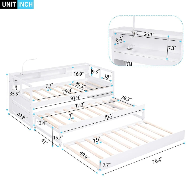 Twin XL Wood Daybed with 2 Pull-Out Trundles, Storage Cubbies and USB Charging Port
