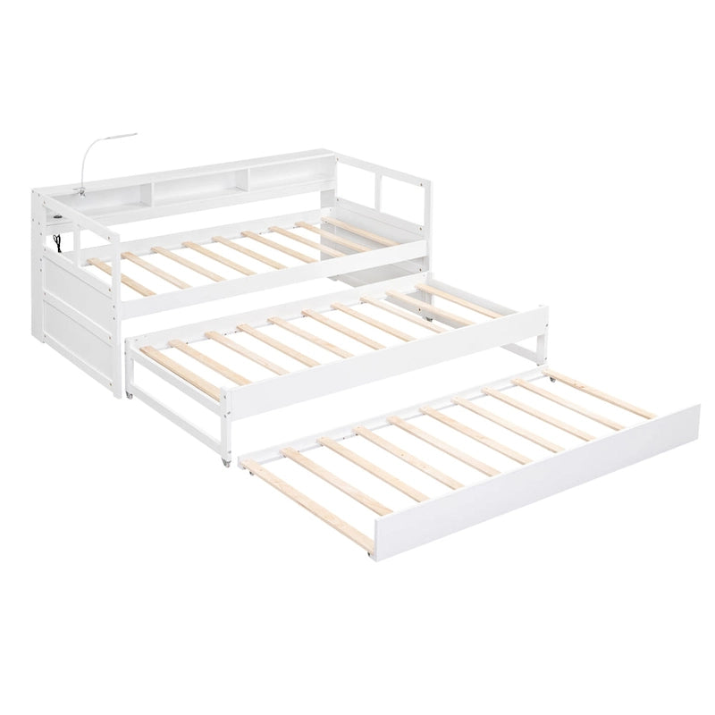 Twin XL Wood Daybed with 2 Pull-Out Trundles, Storage Cubbies and USB Charging Port