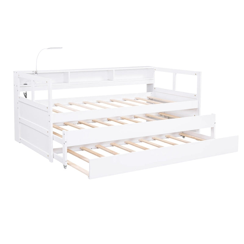 Twin XL Wood Daybed with 2 Pull-Out Trundles, Storage Cubbies and USB Charging Port