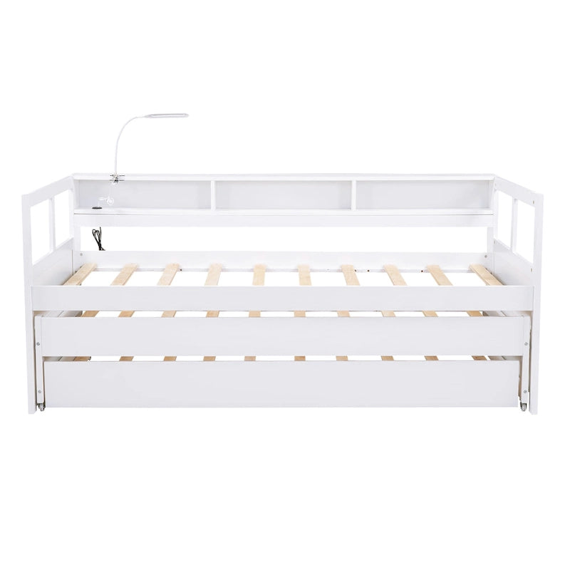 Twin XL Wood Daybed with 2 Pull-Out Trundles, Storage Cubbies and USB Charging Port