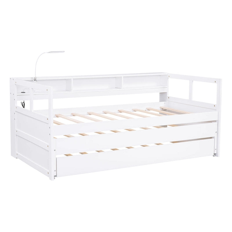 Twin XL Wood Daybed with 2 Pull-Out Trundles, Storage Cubbies and USB Charging Port