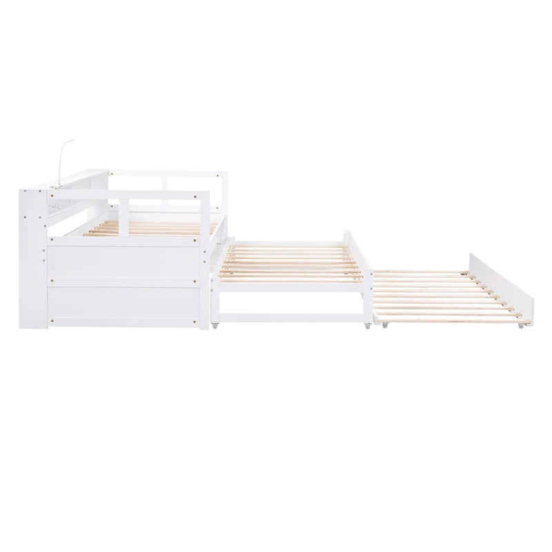 Twin XL Wood Daybed with 2 Pull-Out Trundles, Storage Cubbies and USB Charging Port
