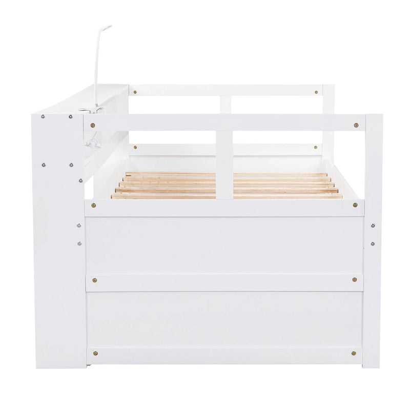 Twin XL Wood Daybed with 2 Pull-Out Trundles, Storage Cubbies and USB Charging Port