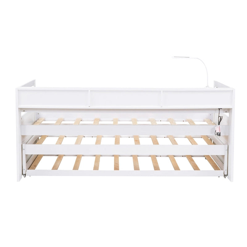 Twin XL Wood Daybed with 2 Pull-Out Trundles, Storage Cubbies and USB Charging Port