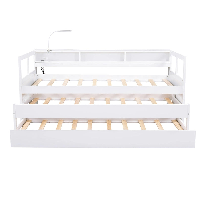 Twin XL Wood Daybed with 2 Pull-Out Trundles, Storage Cubbies and USB Charging Port