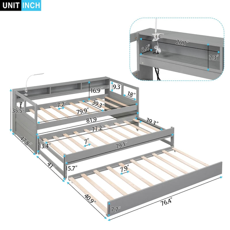 Twin XL Wood Daybed with 2 Pull-Out Trundles, Storage Cubbies and USB Charging Port