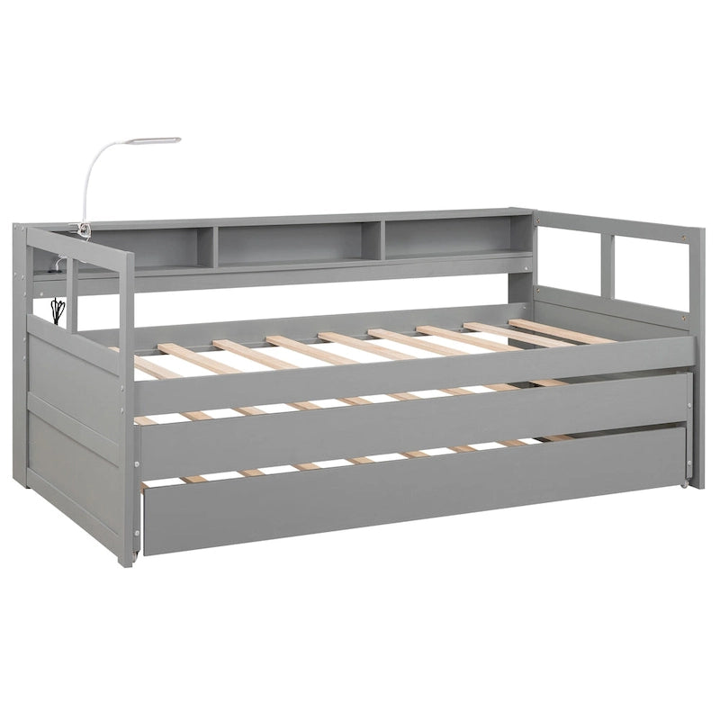 Twin XL Wood Daybed with 2 Pull-Out Trundles, Storage Cubbies and USB Charging Port