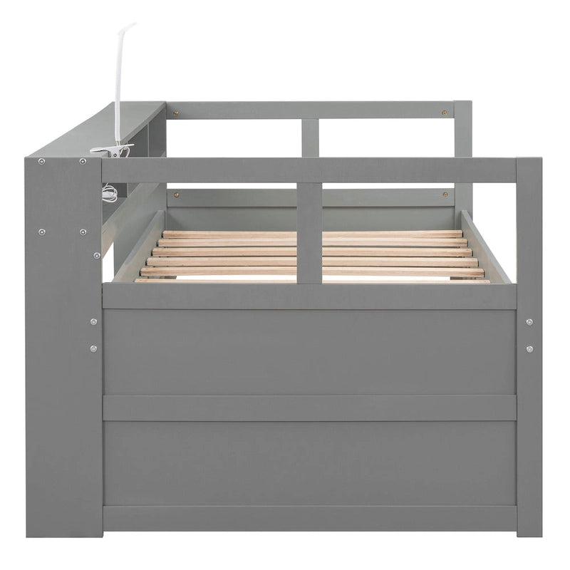Twin XL Wood Daybed with 2 Pull-Out Trundles, Storage Cubbies and USB Charging Port