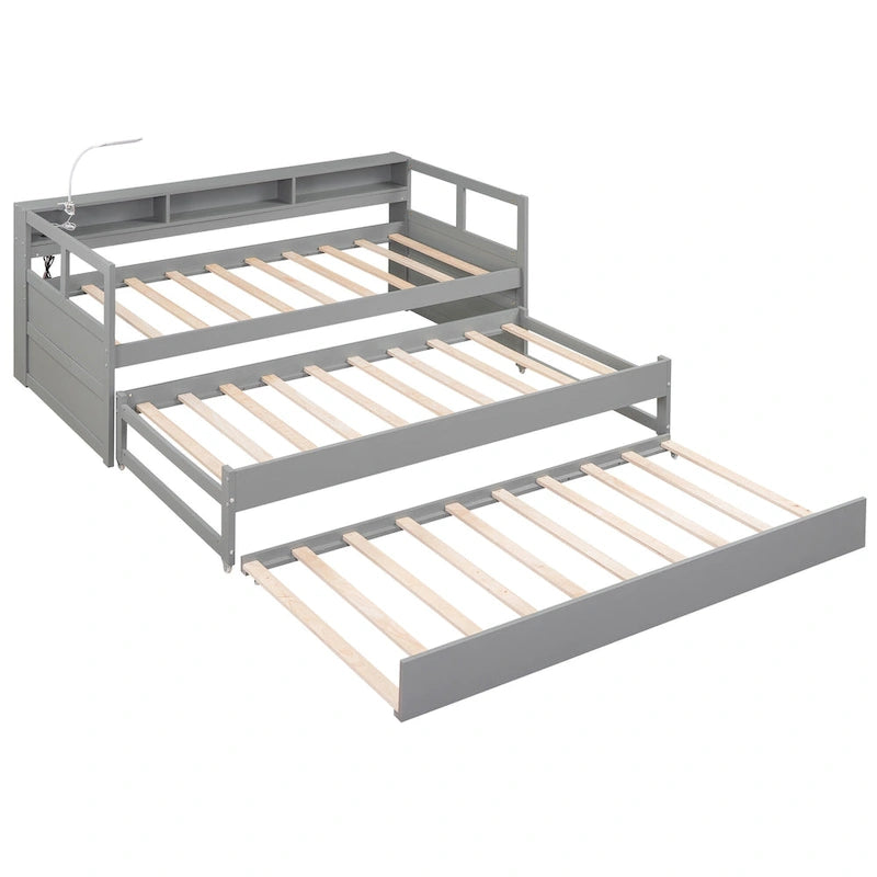 Twin XL Wood Daybed with 2 Pull-Out Trundles, Storage Cubbies and USB Charging Port