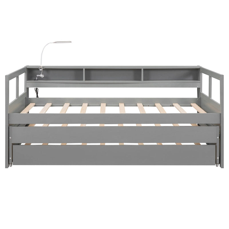 Twin XL Wood Daybed with 2 Pull-Out Trundles, Storage Cubbies and USB Charging Port