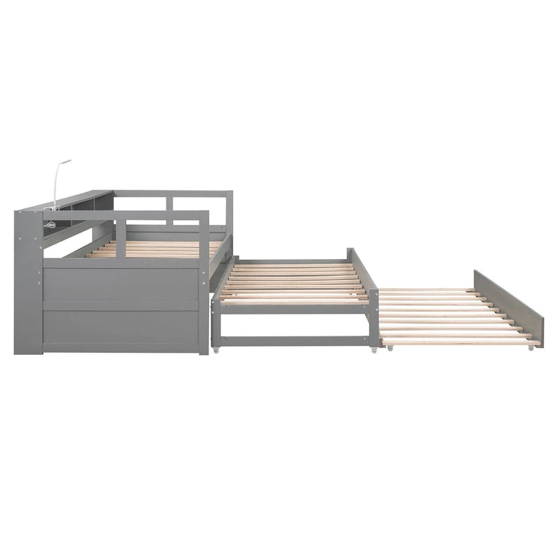Twin XL Wood Daybed with 2 Pull-Out Trundles, Storage Cubbies and USB Charging Port