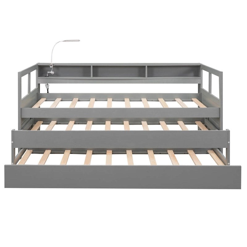 Twin XL Wood Daybed with 2 Pull-Out Trundles, Storage Cubbies and USB Charging Port