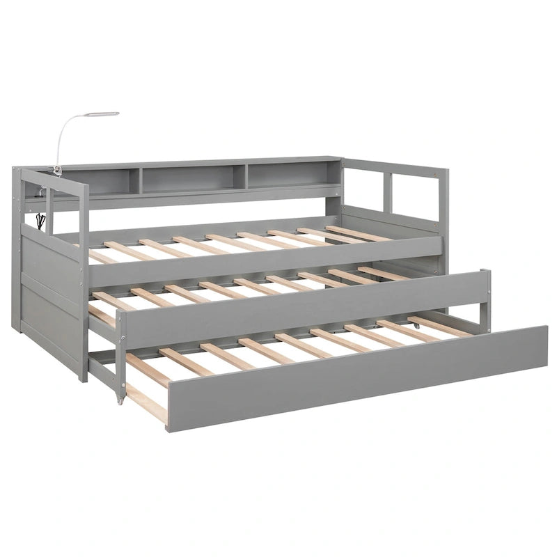 Twin XL Wood Daybed with 2 Pull-Out Trundles, Storage Cubbies and USB Charging Port
