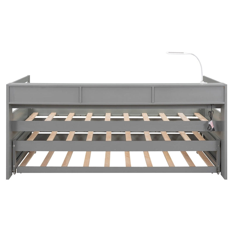 Twin XL Wood Daybed with 2 Pull-Out Trundles, Storage Cubbies and USB Charging Port