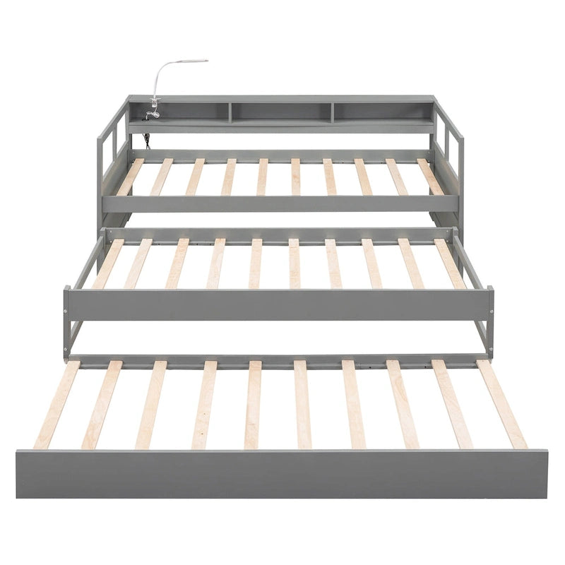 Twin XL Wood Daybed with 2 Pull-Out Trundles, Storage Cubbies and USB Charging Port
