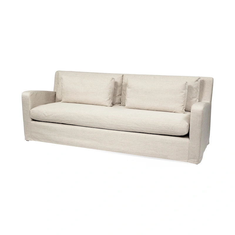 92" Beiges Sofa mit abnehmbarem Bezug, doppelt übereinander angeordneten Rückenkissen und Beinen aus Massivholz