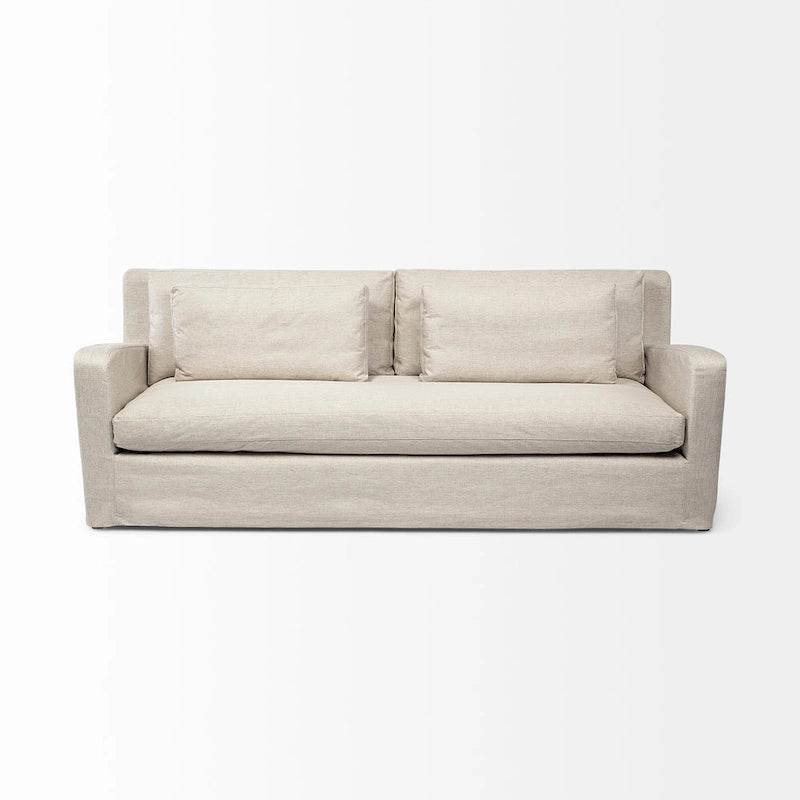 92" Beige Slipcover Sofa with Double-Stacked Back Cushions and Solid Wood Legs