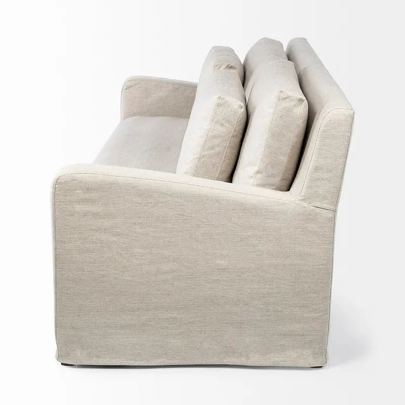 92" Beiges Sofa mit abnehmbarem Bezug, doppelt übereinander angeordneten Rückenkissen und Beinen aus Massivholz