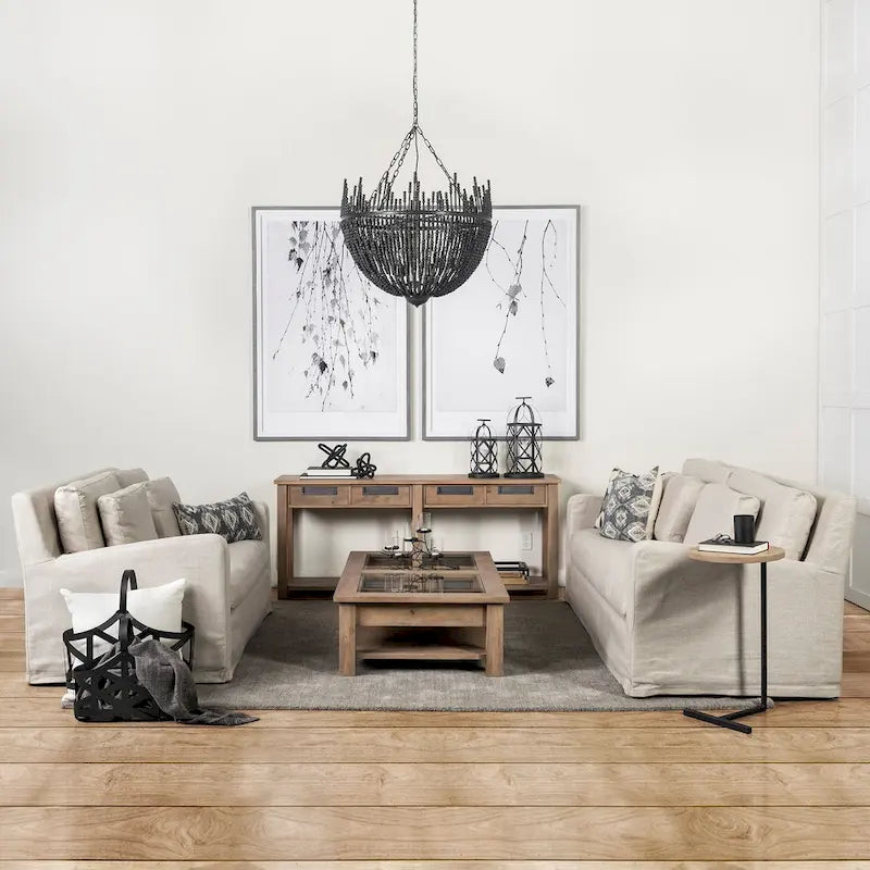 92" Beige Slipcover Sofa with Double-Stacked Back Cushions and Solid Wood Legs