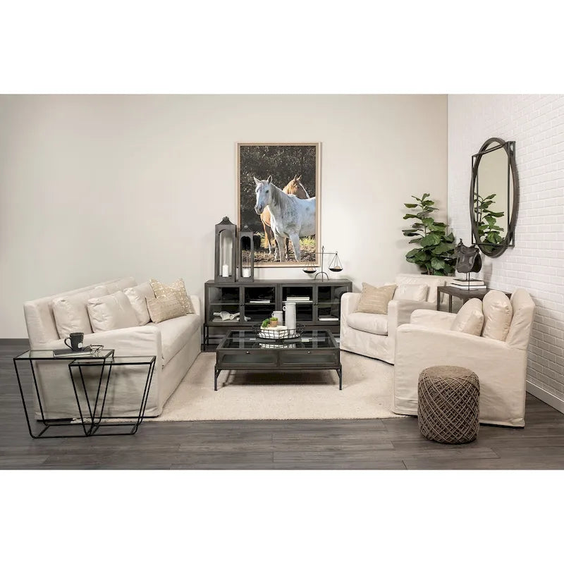 92" Beige Slipcover Sofa with Double-Stacked Back Cushions and Solid Wood Legs