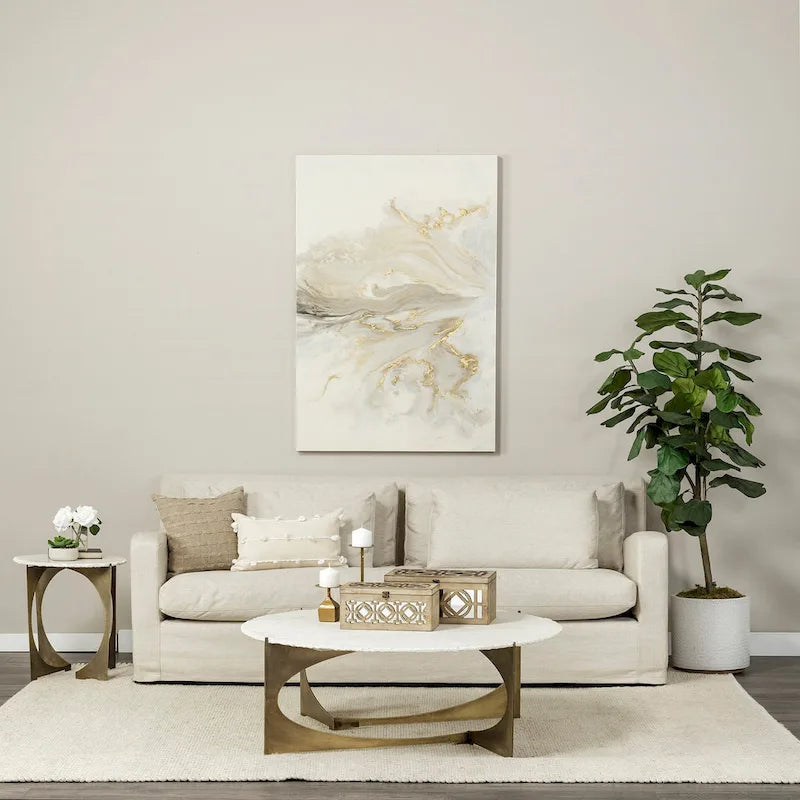 92" Beige Slipcover Sofa with Double-Stacked Back Cushions and Solid Wood Legs