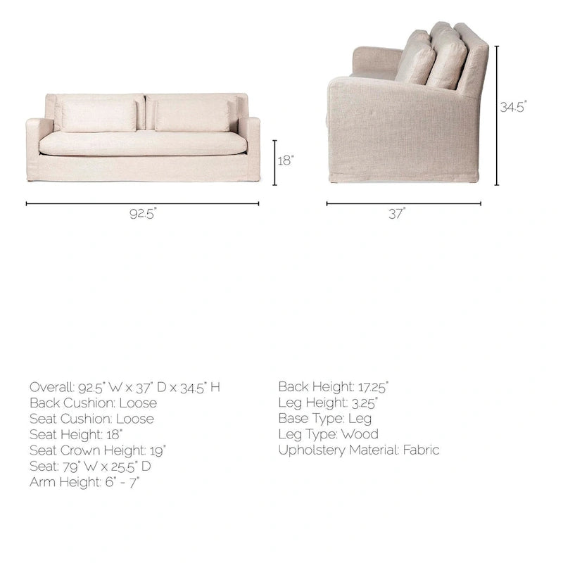 92" Beige Slipcover Sofa with Double-Stacked Back Cushions and Solid Wood Legs