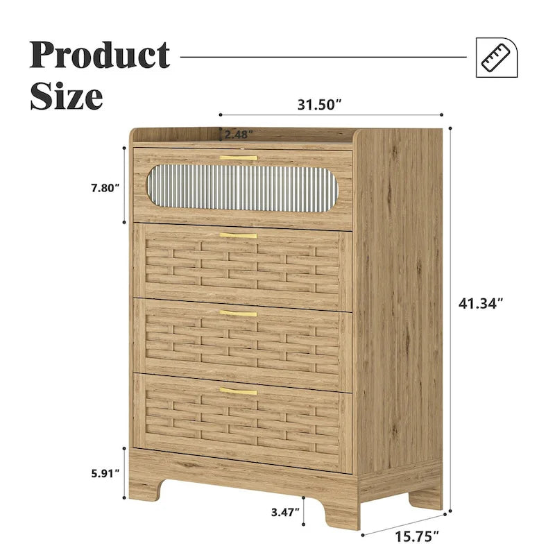 Cómoda de madera con parte superior de mimbre, puerta de acrílico y tiradores dorados