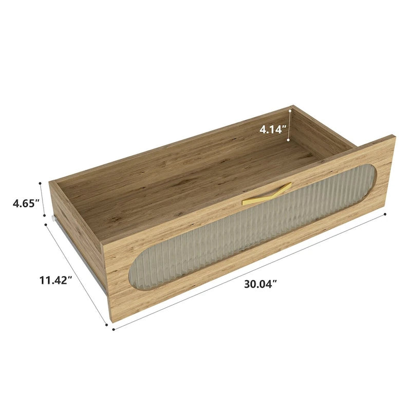 Cómoda de madera con parte superior de mimbre, puerta de acrílico y tiradores dorados