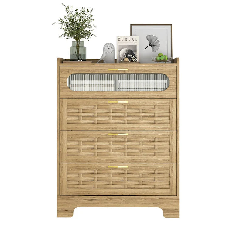 Cómoda de madera con parte superior de mimbre, puerta de acrílico y tiradores dorados