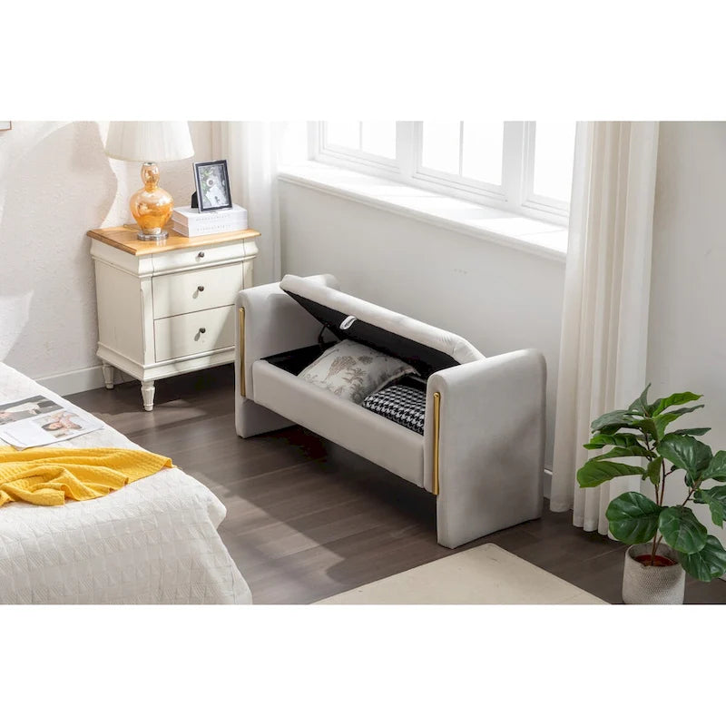Velvet Storage Bench with Gold Metal Trim and Solid Wood Frame