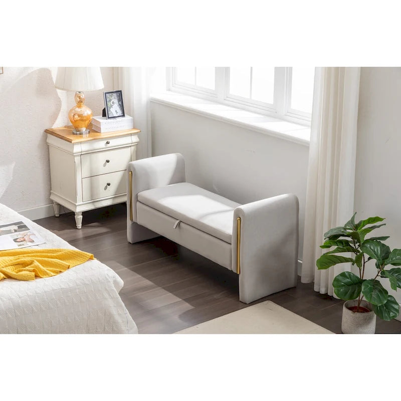 Velvet Storage Bench with Gold Metal Trim and Solid Wood Frame