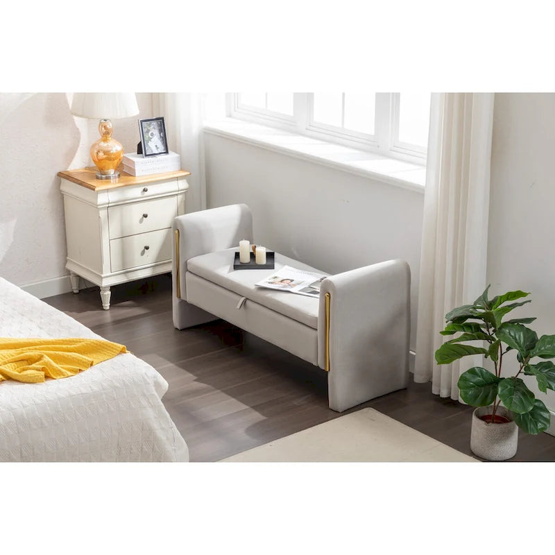 Velvet Storage Bench with Gold Metal Trim and Solid Wood Frame