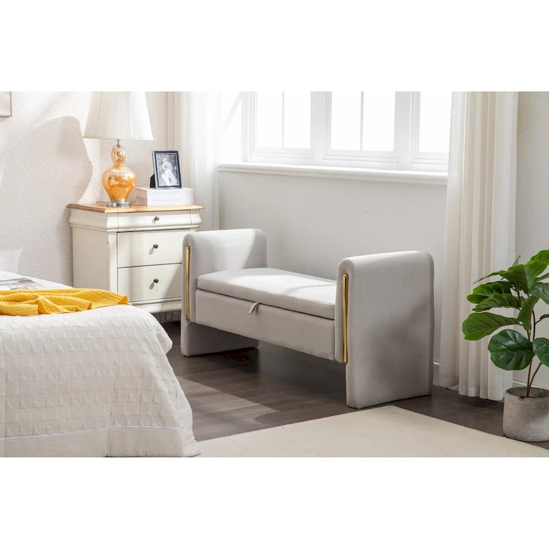 Velvet Storage Bench with Gold Metal Trim and Solid Wood Frame