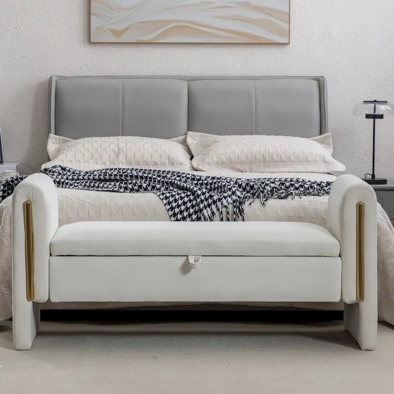 Velvet Storage Bench with Gold Metal Trim and Solid Wood Frame
