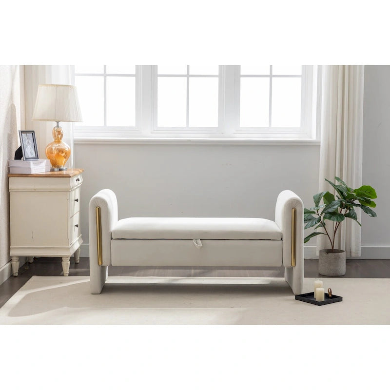 Velvet Storage Bench with Gold Metal Trim and Solid Wood Frame