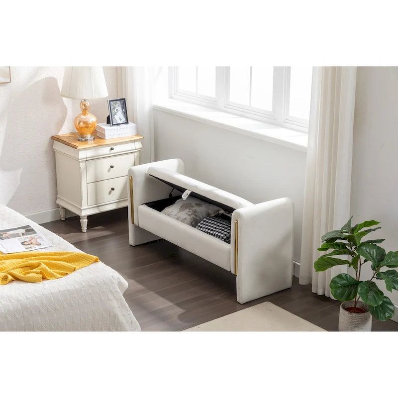Velvet Storage Bench with Gold Metal Trim and Solid Wood Frame