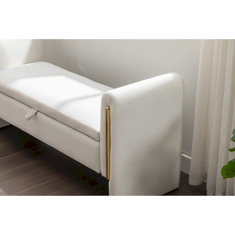 Velvet Storage Bench with Gold Metal Trim and Solid Wood Frame