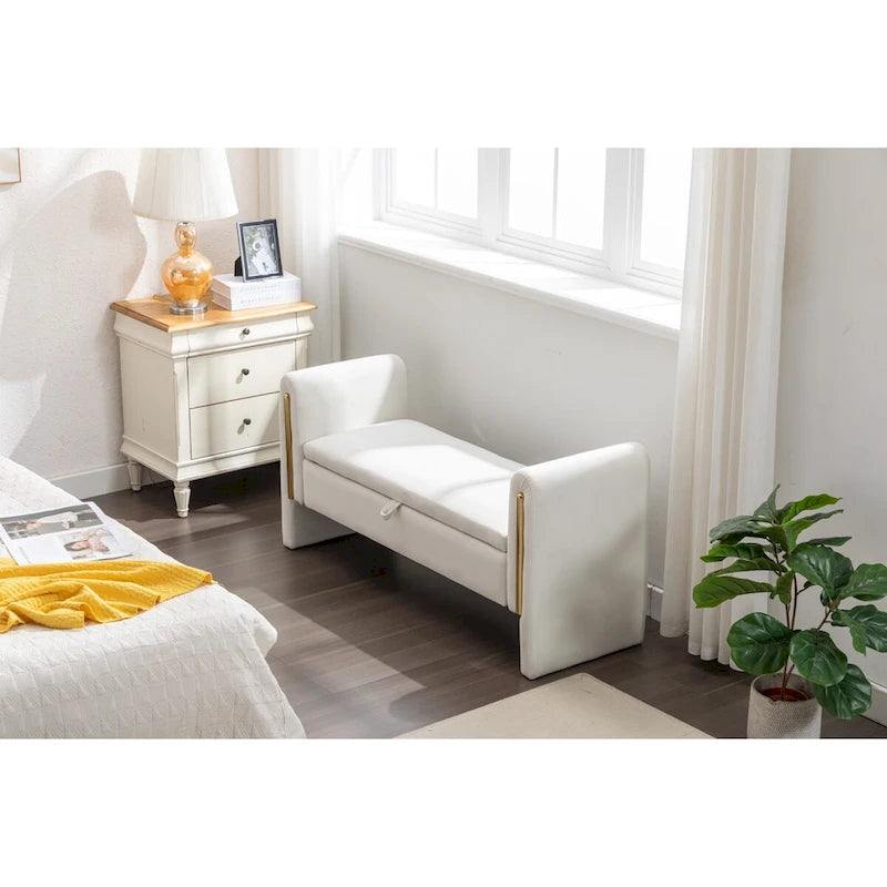 Velvet Storage Bench with Gold Metal Trim and Solid Wood Frame