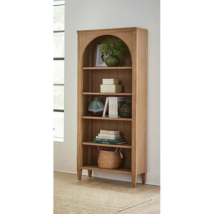 Open Bookcase with Arched Panels and Wire-Brushed Wood Finish