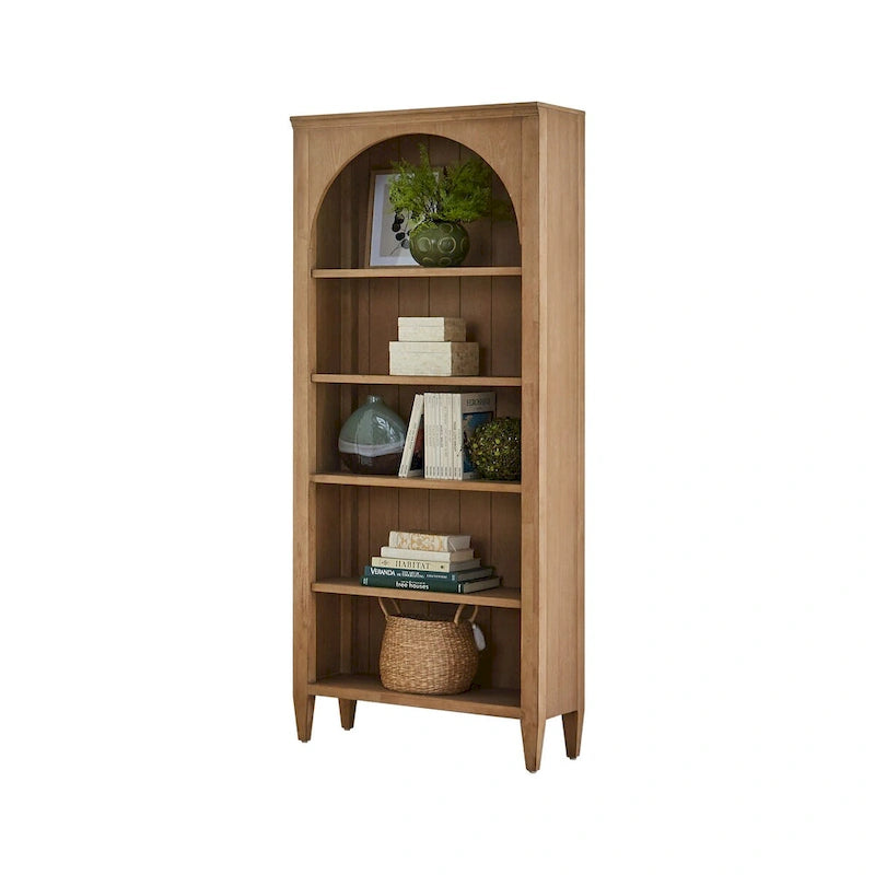 Open Bookcase with Arched Panels and Wire-Brushed Wood Finish