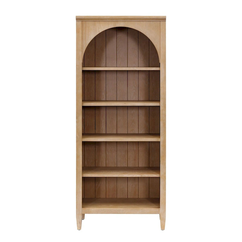 Open Bookcase with Arched Panels and Wire-Brushed Wood Finish